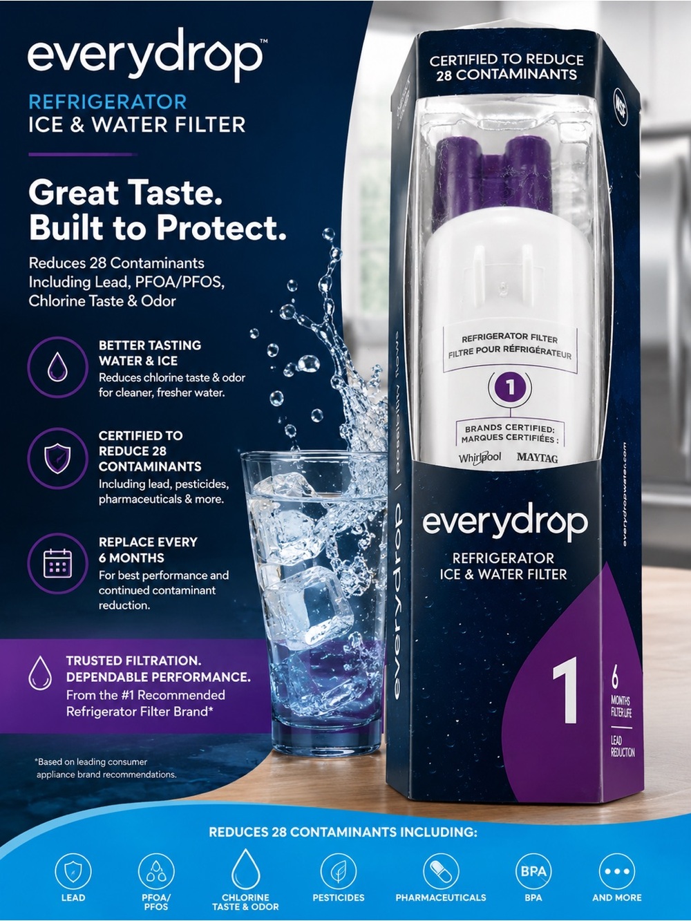 EveryDrop Refrigerator Ice & Water Filter 1 Whirlpool Maytag 6 Month Filter